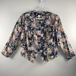 Vintage A.S. Elliot Floral Cropped Jacket Blazer Womens 18W Blue Pink USA Retro